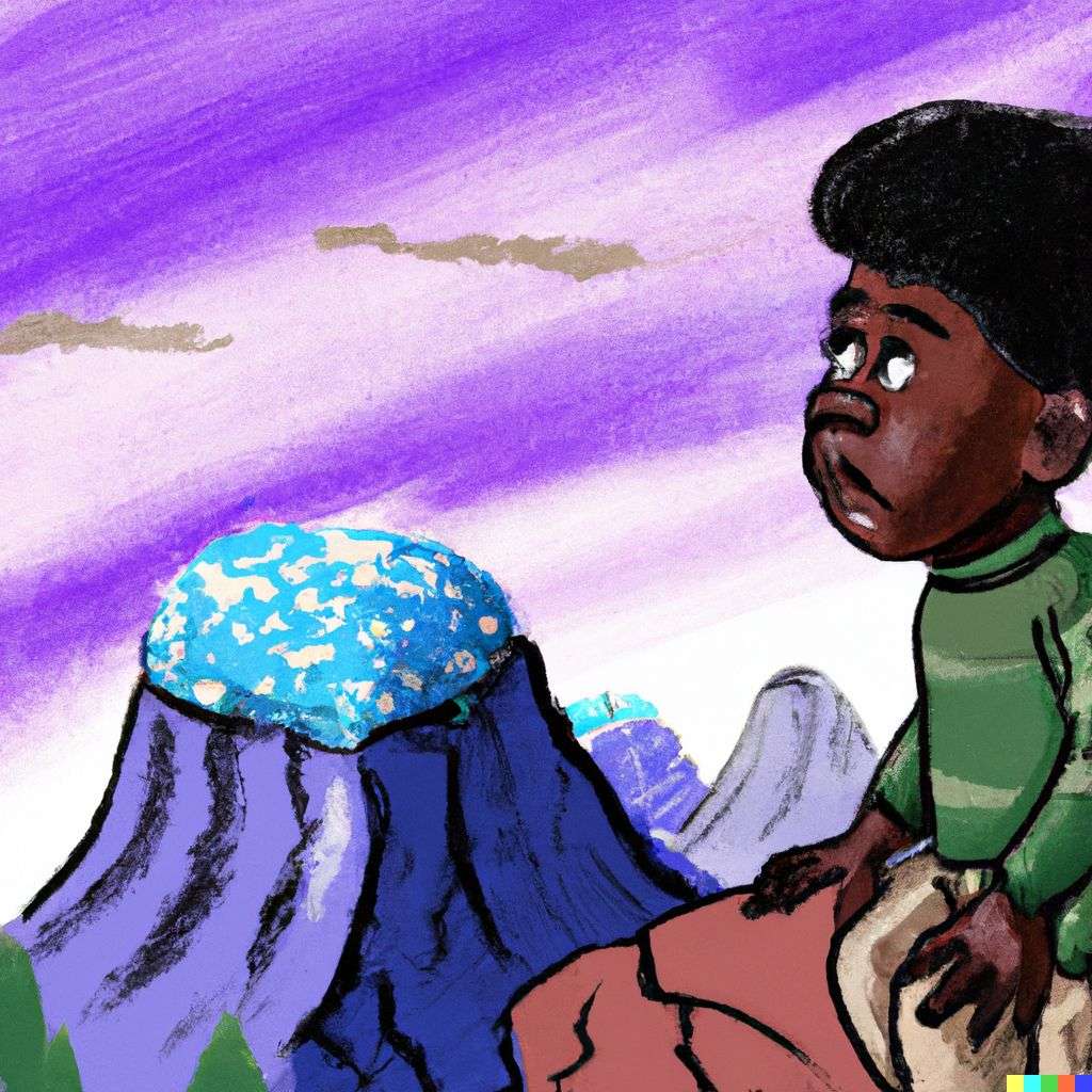 someone gazing at Mount Everest, children's book illustration